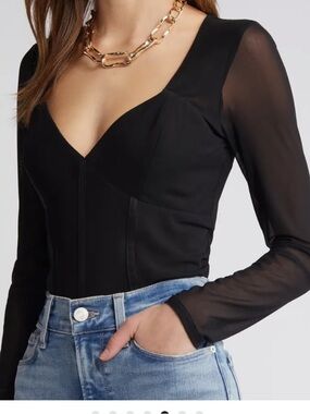 Black Sweetheart Mesh-Sleeve Bodice Top